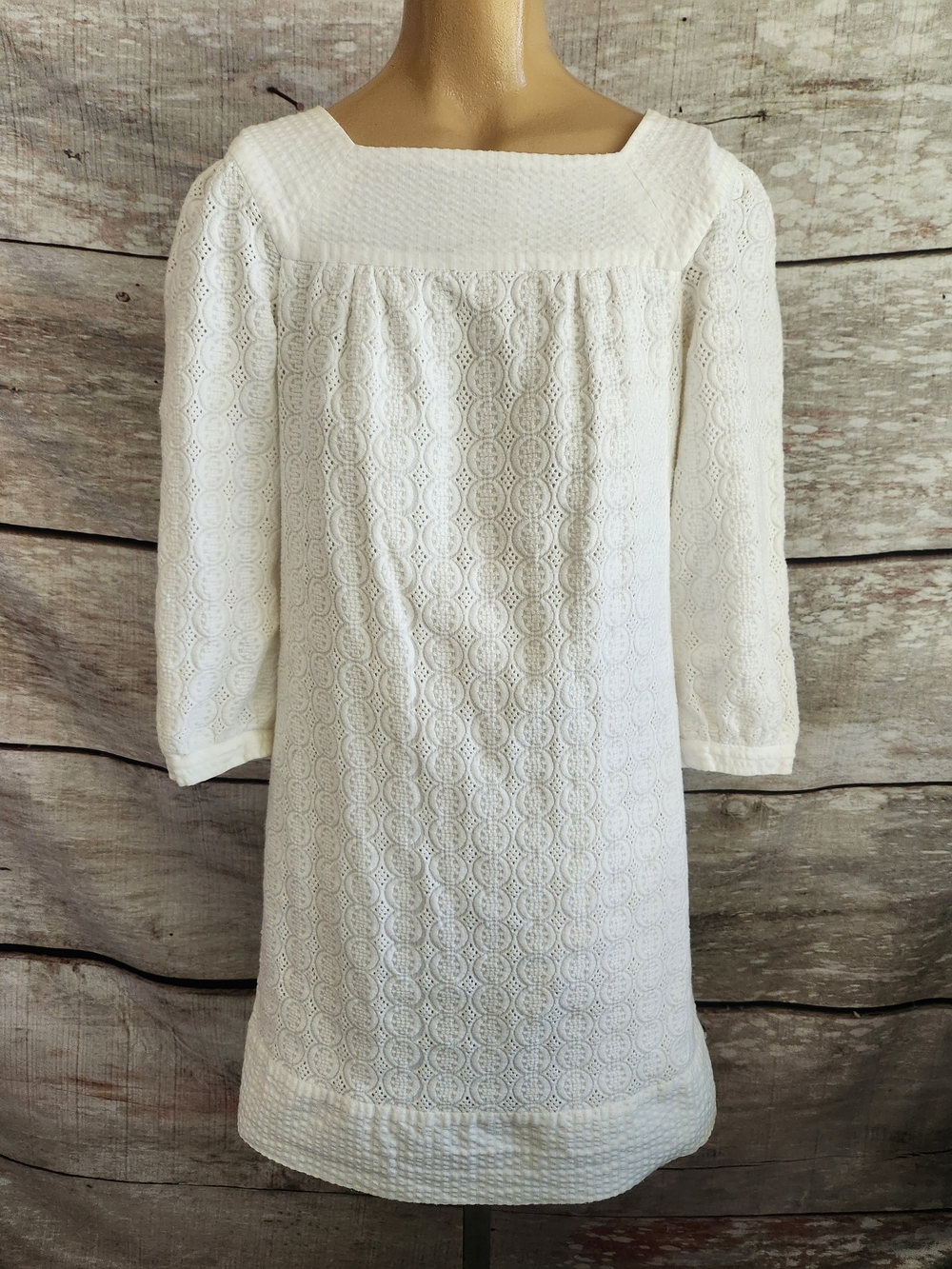 Thread Social White Textured Lace Shift Dress with Square Neck